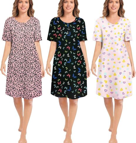 مجموعة من 3 قمصان نوم نسائية، قمصان نوم ناعمة للنساء، فستان بأكمام قصيرة، ملابس نوم (S-3X) in Kuwait