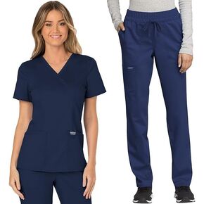 Cherokee Women's Scrub Set Mock Wrap Top with Princess Seams WW610 Mid Rise Tapered Leg Elastic Waist Drawstring Pant WW105, Navy- L Top/L Pant