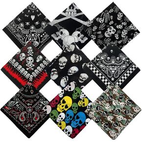 9 Pack Skull Bandanas Cotton Headwraps Wristband 22" x 22" Sports Face Cover for Running Cycling Hiking Halloween and other holiday decoration