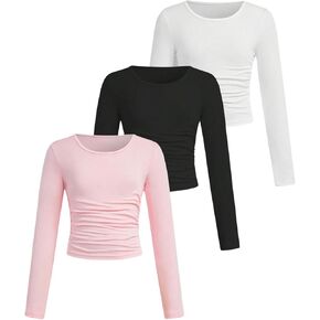 SOLY HUX Girl's 3 Piece T Shirt Crew Neck Long Sleeve Ruched Crop Tops Slim Fit Solid Basic Tee