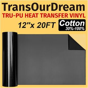 TransOurDream Tru-PU Heat Transfer Vinyl Roll, 12'' x 20ft Matte Black Vinyl for Explore AIR 2, Maker, Cameo, Matte Black HTV Vinyl for T-Shirts, Thinner, Soft, Sticky, Unprintable