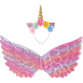 Creatoy Girls' Fairy Wings with Unicorn Headband for Toddler 2-7 Birthday Party Princess Dress Up Toys Everyday Play Favors