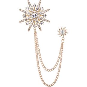 Star Snowflake Lapel Pin Stud Brooch with Hanging Long Tassel Chain Bling Bling Decorative Tie Hat Shirt Suit Accessories for Men Women