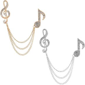Shuxy 2PCS Men's Brooch Music Note Hanging Chain Brooch Stone Detailing with Engraving Metal Crystal Brooch Suit Stud Lapel Pin Vintage Rhinestone Breastpin Wedding Brooch Pin, Gold and Silver