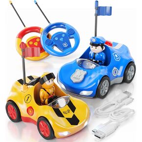 Rechargeable Remote Control Cartoon Cars for Little Kids, 2 Pack Police & Race RC Car - Toys for 3 4 5 6 Year Old Boy - Easter Gifts for Boys Ages 3-6, Birthday Toy Gift Ideas for Toddler
