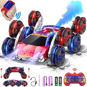 8WD Remote Control Car,2.4GHz Gesture Sensing RC Stunt Car,Cool Spray Rotation RC Car with Lights and Music,All Terrain Toys for Kids Ages 7 Birthday Gifts for Boys Girls(Red)