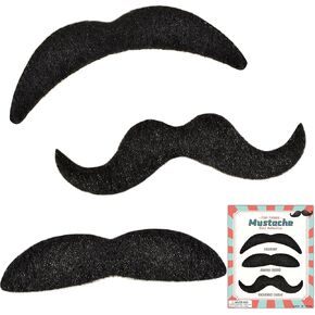 3PCS Fake Mustache Self Adhesive, Stick On Mustache Costume, Halloween Party Beard and Mustache Costume Accessory for Adults (Black)