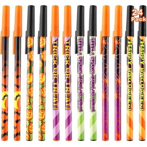 Sunshane 24 Pieces Halloween Pens Spider Bat Pumpkin Stick Pens Holiday Ballpoint Pens for Halloween Home Decor Party Gift School Office Use