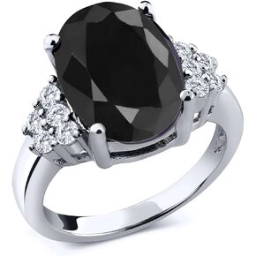 Gem Stone King 6.38 Cttw Black Sapphire and White Moissanite Engagement Ring for Women | 925 Sterling Silver | Gemstone Birthstone | Oval 12X10MM | Available In Size 5, 6, 7, 8, 9