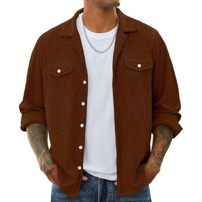 Mens Corduroy Jacket Shirts Long Sleeve Button Down Shacket Jacket with Flap Pockets