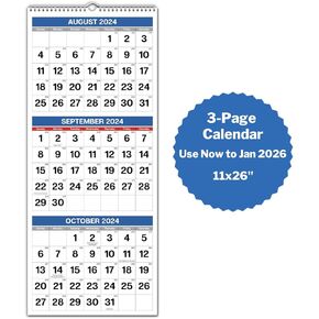 Dunwell Three Month View Calendar 2024-2025 (Blue), September 2024 to Dec 2025, 3 Month Wall Vertical Calendar, 11x26" 3-Panel Calendar, Ships Folded