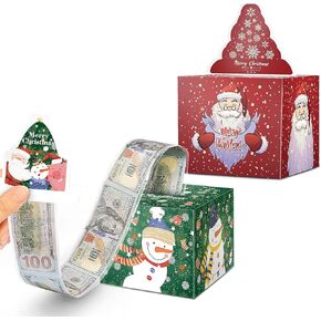 2PCS Christmas Surprise Money Box for Cash Gift, Merry Christmas Money Gift Box with Card and Cash Holder for Kids Adults, DIY Fun Holiday Cash Box, Includes 100Pcs Transparent Bags（Red, Green