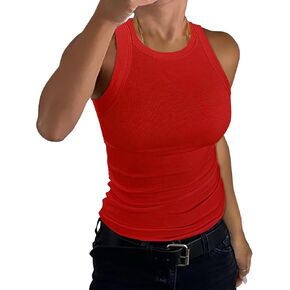 Womens Tank Tops High Neck Sleeveless Ribbed Tank Casual Basic Thick Strap Slim Fitted Racerback Shirts