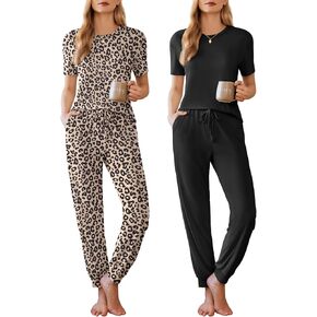 Ekouaer 2 Pack Womens Pajama Sets Short Sleeve Tops Jogger Pants Lounge Sets Soft Loungewear Printed Pj with Pockets