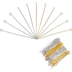 MECCANIXITY 300Pcs Gold White Iron Eye Pins 50mm 21 Gauge/0.7mm Eye Pins for Jewelry Making Findings DIY Craft Necklaces Bracelets Earrings Head Pins