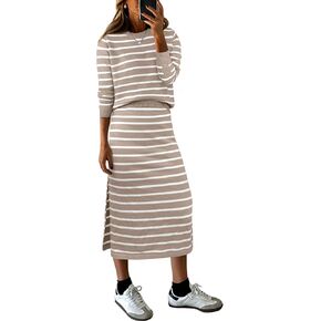 ANRABESS Women 2 Piece Outfits Striped Sweater Skirt Sets 2024 Fall Casual Long Sleeve Pullover Top Lounge Travel Midi Dress