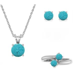 Cabochon Natural Turquoise Jewelry Set for Women in Sterling Silver, December Birthstone Gifts for Her Birthday, Anniversary, Christmas (Necklace, Ring, Earrings) (Round, Pear, Oval)