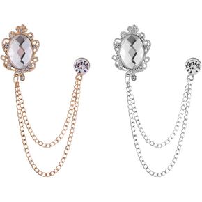 Shuxy 2PCS Men's Brooch Hanging Chain Brooch White Stone Detailing with Engraving Metal Crystal Brooch Suit Stud Lapel Pin Vintage Rhinestone Breastpin Wedding Brooch Pin, Gold and Silver