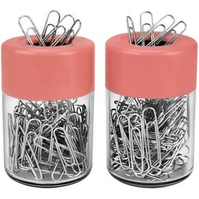 Acrimet Magnetic Paper Clip Holder Dispenser, Round Design, 100 Regular Paper Clip Capacity (Clear Crystal Base/ Pink Magnetic Lid) (2 pack)