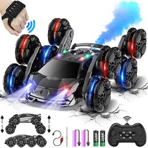 8WD Remote Control Car,2.4GHz Gesture Sensing RC Stunt Car,Cool Spray Rotation RC Car with Lights and Music,All Terrain Toys for Kids Ages 7 Birthday Gifts for Boys Girls(Red)