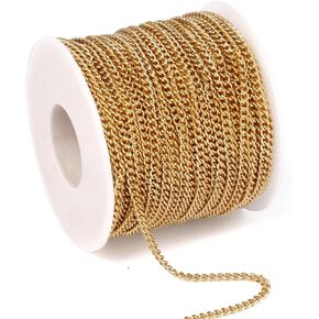 33 Feet 18K Gold PVD Plated Stainless Steel Curb Chain Bulk, 2mm 304 Stainless Steel Flat Twisted Links Curb Chains Roll Spool for Jewelry Making Necklace DIY Craft