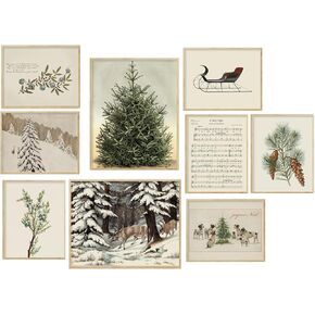 Whaline Christmas Wall Art Prints Vintage Watercolor Pine Tree Posters Retro Woodland Scene for Winter Holiday Living Room Bedroom, 9 Sheet, Unframed