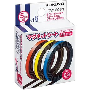 Kokuyo Magnetic Strips, 3 Rolls Magnetic Tape, Red Blue Yellow Writable Flexible Magnet Dry Erase Board Strip Roll. 3.3 Feet x 0.2 Inch Each (Mac-306N)