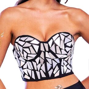 Mirror Corset Top Sequins Bustier Top Sparkly Top Rave Outfit Club Party Festival Costume for Women Black