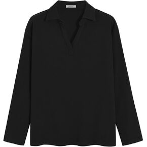 Latuza Women's Cotton Lounge Top French Terry Long Sleeve Polo Collared Shirt