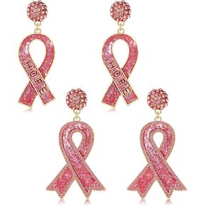 Breast Cancer Awareness Earrings Pink Ribbon Earrings for Women Beaded Ribbon Bow Drop Dangle Earrings Set Breast Cancer Survivor Support Jewelry Gifts