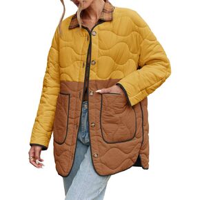 Tankaneo Womens Quilted Puffer Jackets Lightweight Button Down Mid Length Collarless Coats Winter Outerwear
