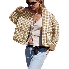 Bozanly Women's Cropped Puffer Quilted Jacket Plaid Printed Lightweight Long Sleeve Zipper Padded Coat