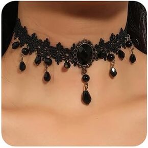 fxmimior Black Halloween Tassels Lace Choker Necklace Boho Fashion Prom Shinny Crystal Punk Black Lace Chunky Choker Necklace Dainty Sexy Body Chain Black Choker Necklace