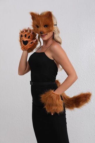 Furry Fox Cat Mask Wolf Tail and Fingerless Faux Fur Paw Gloves Set for Women Halloween Costume Accessories in Kuwait