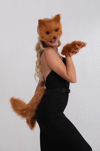 Furry Fox Cat Mask Wolf Tail and Fingerless Faux Fur Paw Gloves Set for Women Halloween Costume Accessories in Kuwait