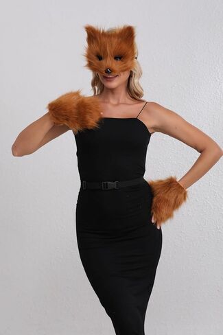 Furry Fox Cat Mask Wolf Tail and Fingerless Faux Fur Paw Gloves Set for Women Halloween Costume Accessories in Kuwait