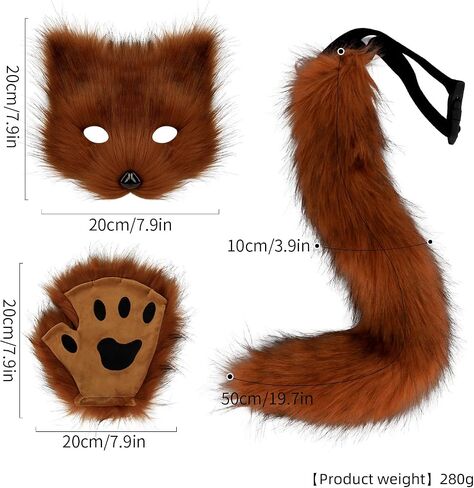 Furry Fox Cat Mask Wolf Tail and Fingerless Faux Fur Paw Gloves Set for Women Halloween Costume Accessories in Kuwait
