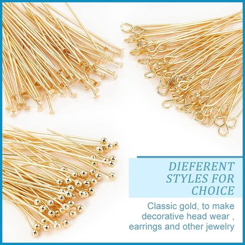 BENECREAT 180Pcs 9 Style Real 14K Gold Plated Pins, 24 Gauge Eye Pin Ball Head Pins 23 Gauge Flat Head Pins Brass Pins for Earring Bracelet DIY Jewelry Making, 20Pcs/Style in Saudi Arabia