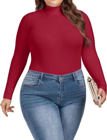 COOTRY Women's Plus Size Mock Turtle Neck Bodysuit Long Sleeve Basic Tops in Kuwait