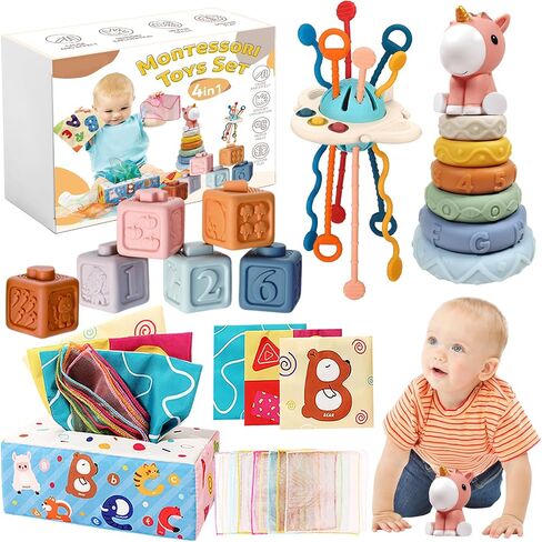 Baby Toys for 12-18 Months, Montessori Toys for 1 Year Old | Shape Sorter, Stacking Rings, Sensory Baby Blocks, Educational Montessori Toys for 12+ Months, Neutral Baby Birthday Gift Set in Kuwait