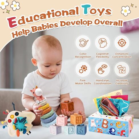 Baby Toys for 12-18 Months, Montessori Toys for 1 Year Old | Shape Sorter, Stacking Rings, Sensory Baby Blocks, Educational Montessori Toys for 12+ Months, Neutral Baby Birthday Gift Set in Kuwait