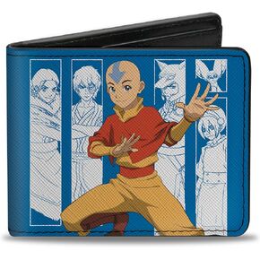 Nickelodeon Wallet, Bifold, Avatar Aang Pose and Character Blocks and Logo Blue White, Vegan Leather
