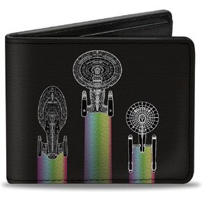 Paramount Network Bifold Wallet with Standard Billfold and Card Slots, Star Trek Peace and Long Life Starfleet Ships Black, Vegan Leather