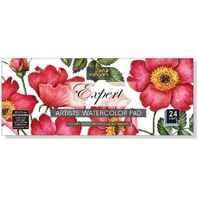 Zen Sangam A3 Artists' Expert Watercolor 300GSM 60% Cotton Cold Pressed Glued Sketch Paper Pad - 12 Sheets (24 Pages) - Watercolor Paper - Watercolour Book (Landscape A3)