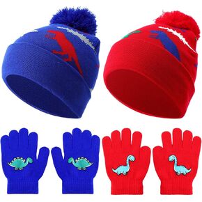 2 Sets Winter Hat Gloves Set Kids Warm Hat with Gloves Pom Pom Knit Winter Soft Dinosaur Hats for Girl Outdoor Boy in Kuwait