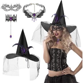 4 Pcs Halloween Witch Accessories Witch Hats for Women Choker Necklace Bracelet Mask Witch Costume Accessories (Purple)