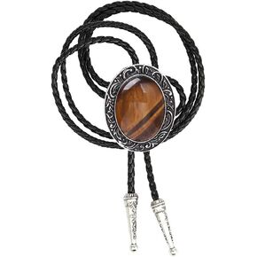 Bolo Tie for Men - Natural Stone Tiger Eye Bolo Tie Rodeo Cowboy Leather Necktie Western Bolo Tie for Men and Women