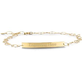 Gem Stone King 10K Yellow Gold Customized and Personalized Custom Free Engraving Laser Cut 30X3.5MM Adjustable Chain ID Name Bar Bracelet For Women | Length 7.5 Inches