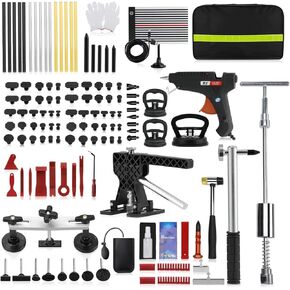 128 PCS Professional Auto Dent Puller Kit, with Black Lifter, Reflector, Glue Gun, T-Hammer Puller and Interior Removal Tool for Repairing Minor and Deep Dents in car.