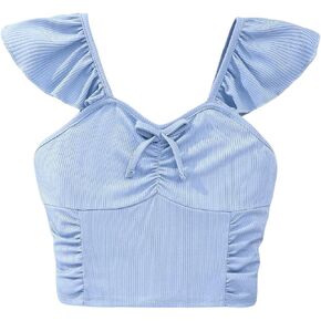 WDIRARA Girl's Ruffle Trim Crew Neck Tank Top Summer Vacation Ruched Cute Cami Tops